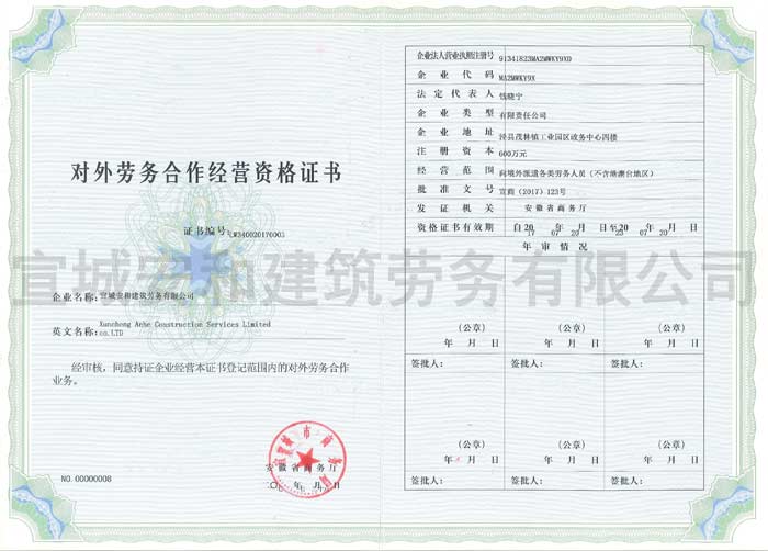 对外劳务合作经营资格证书