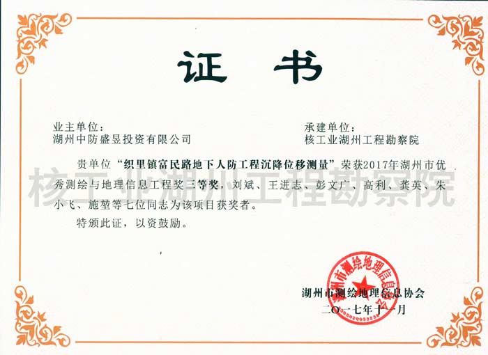 织里镇富民路地下人防工程沉降位移测量地理信息工程奖三等奖湖州协会（2017）